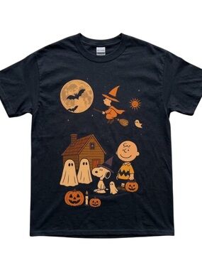 Gildan Black Peanuts Halloween Short Sleeve Tee with Orange Print